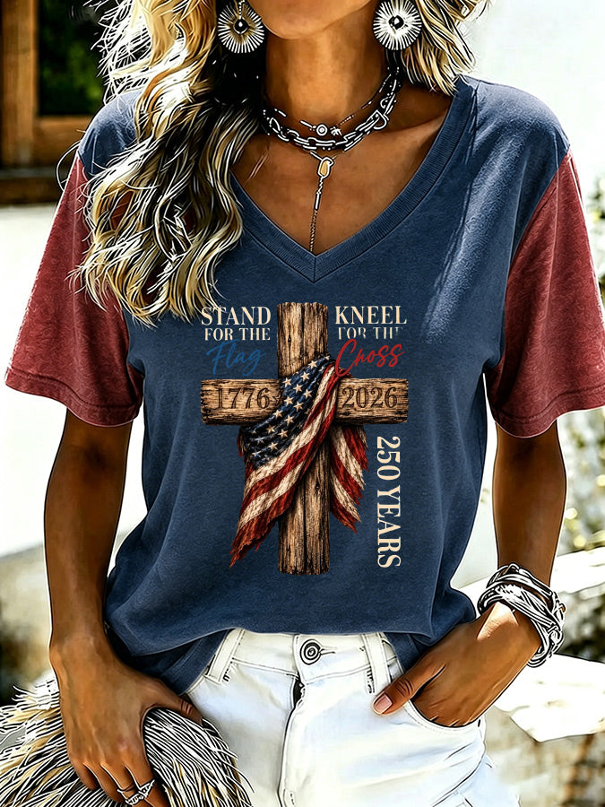 Women'S America Flag Print Casual V-Neck T-Shirt