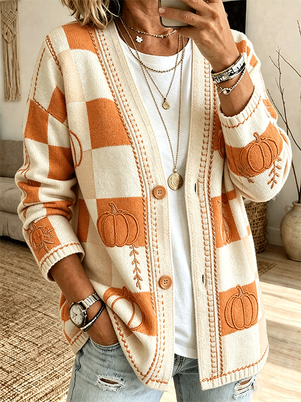 Women'S Check Pumpkin Embroidery Open Front Cardigan