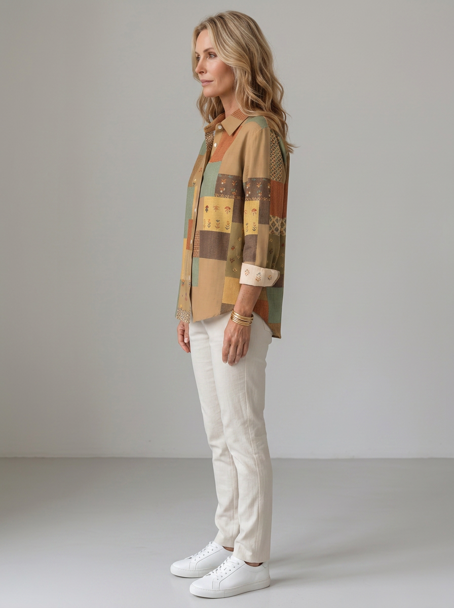 Women's Autumn Boho Patchwork Floral Printed Button-up Shirt