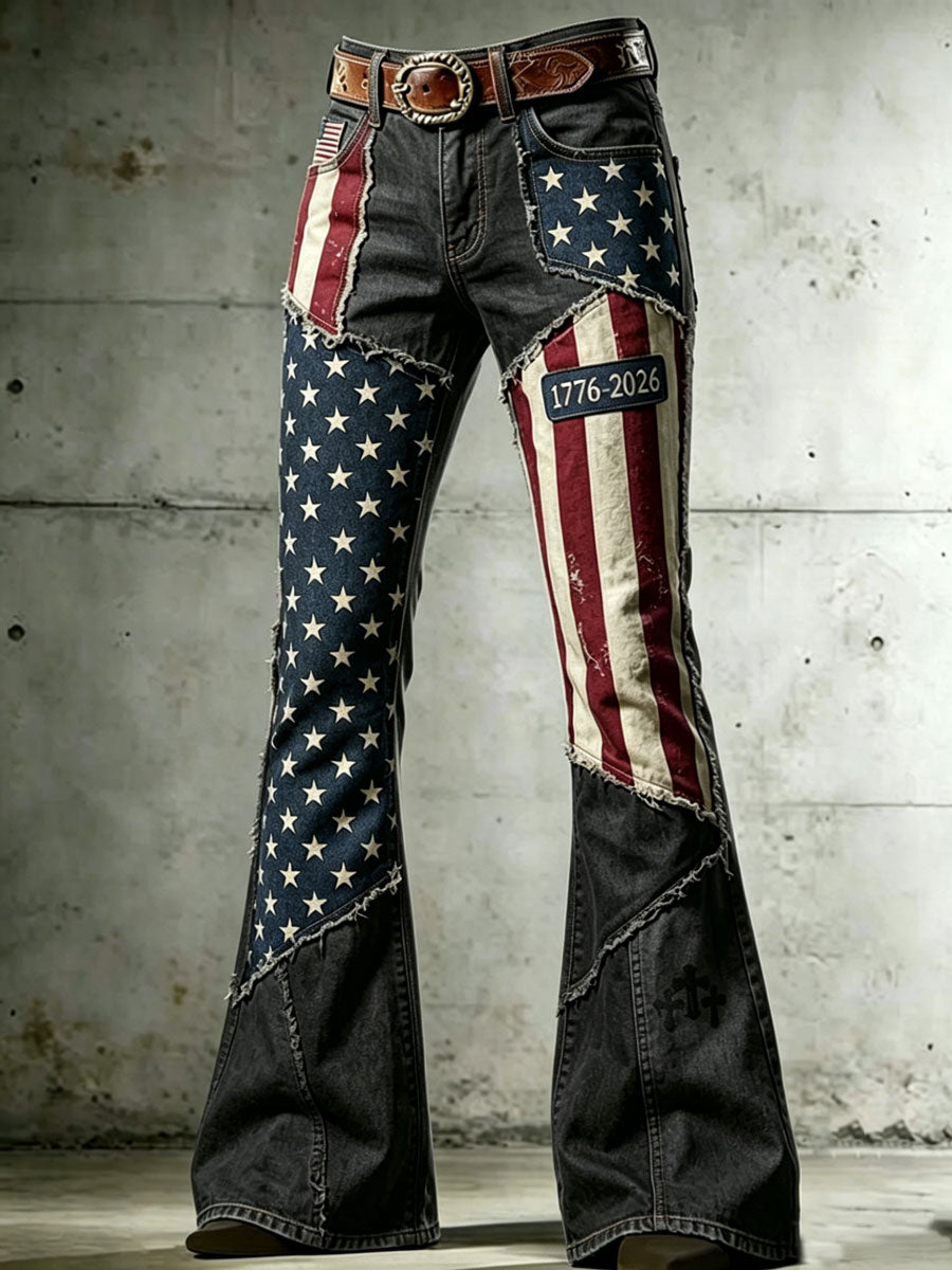 Ladies' American Flag Pattern Cross Printed Trumpet Pants