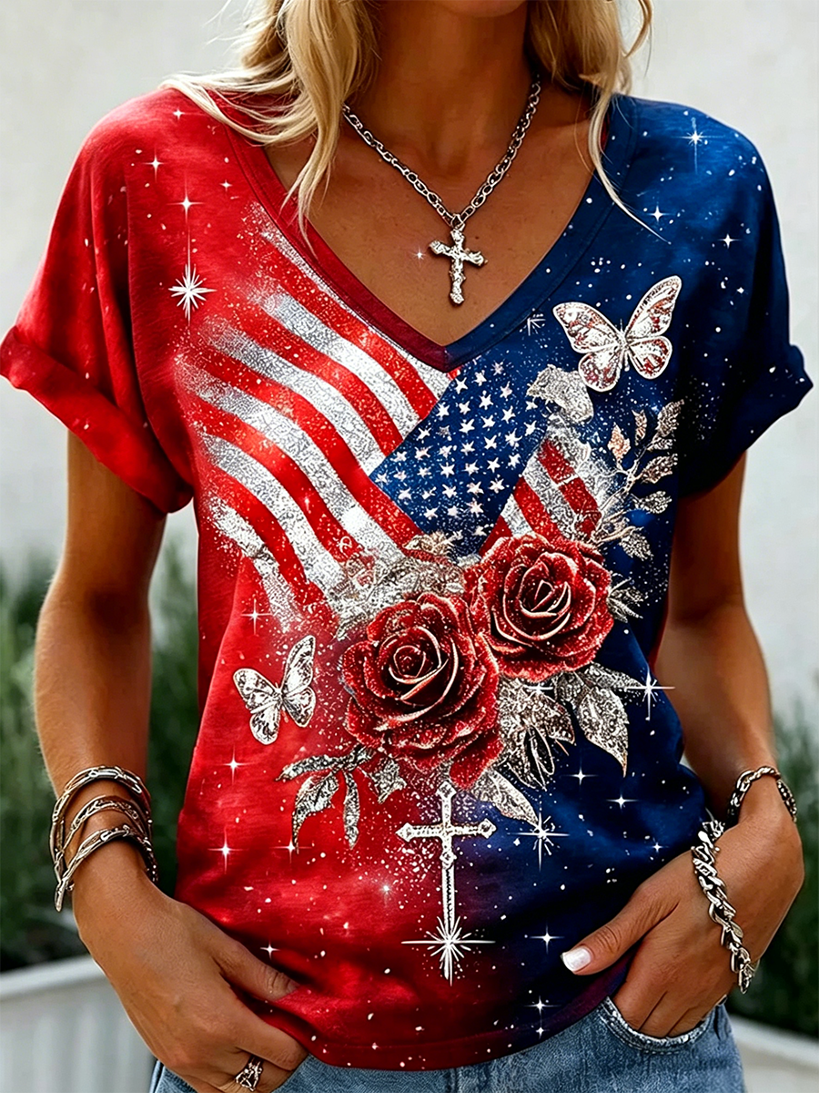 Women's USA Flag Rhinestone Butterfly Cross Rose Art Print Casual T-Shirt