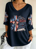Women's God Family Country Flag Cross V Neck 3/4 Sleeve Casual Tee