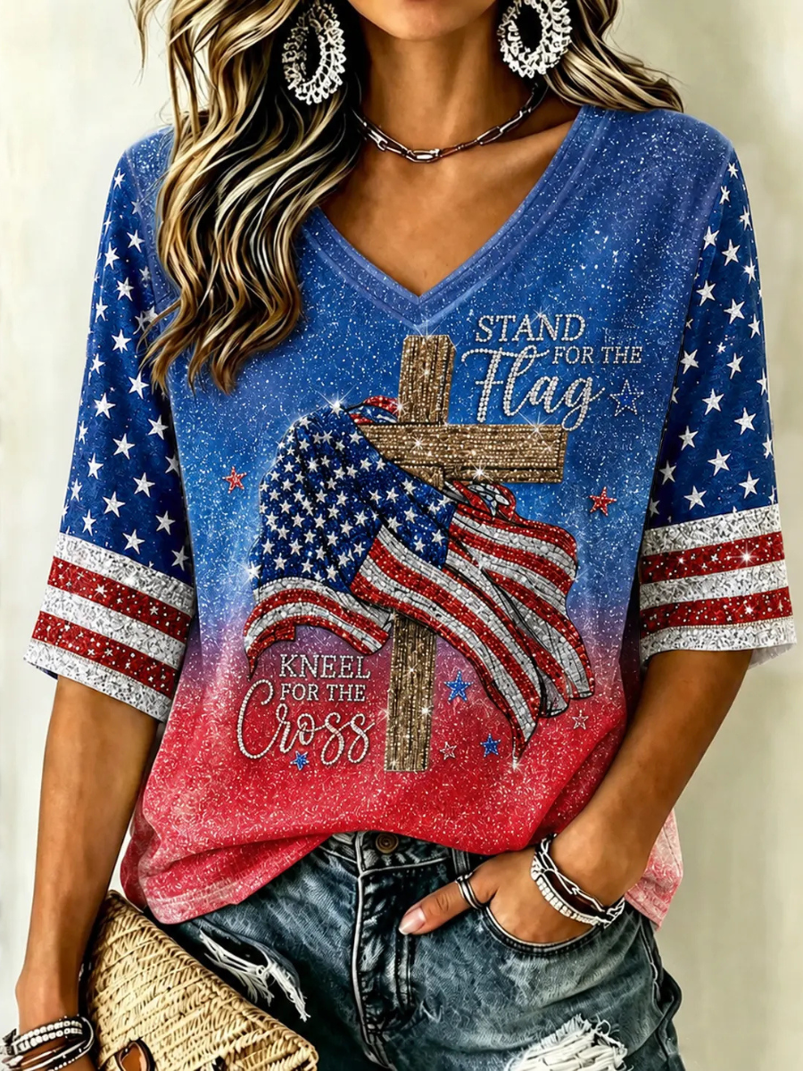 Women's American Flag Printed Casual Waffle Long Sleeve T-shirt