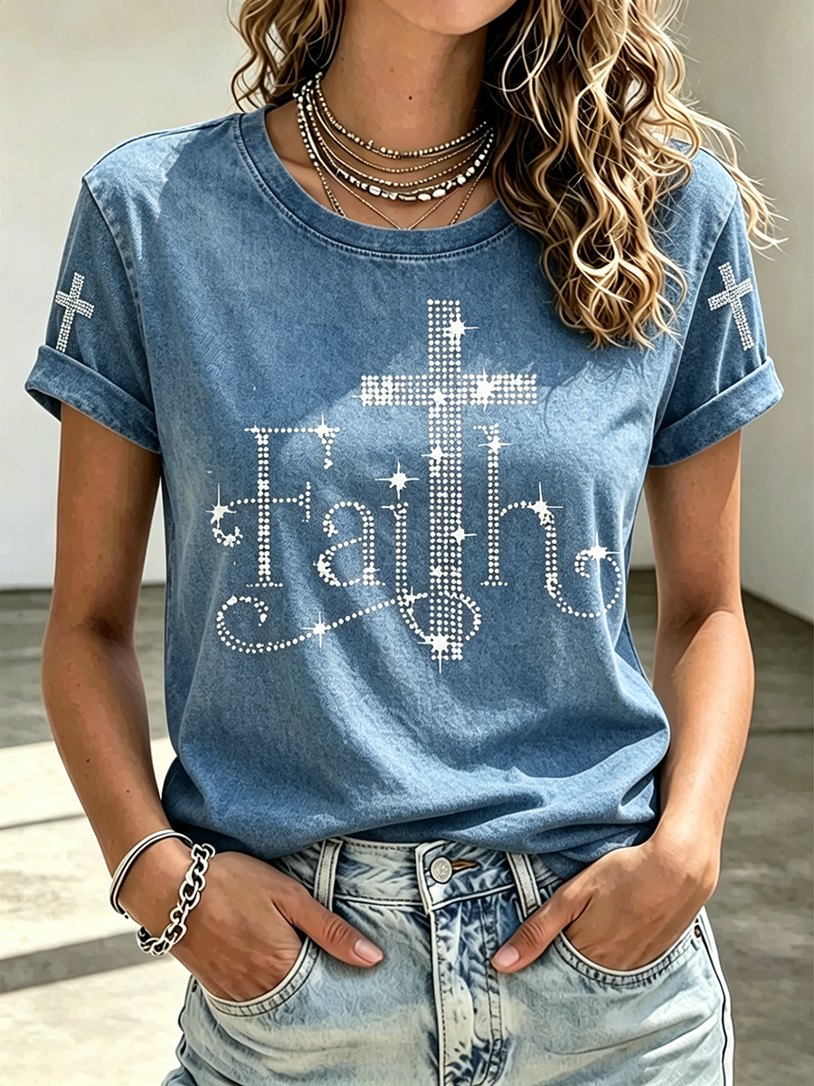 Jesus Faith Sequin Commemorative Print Round Neck Top