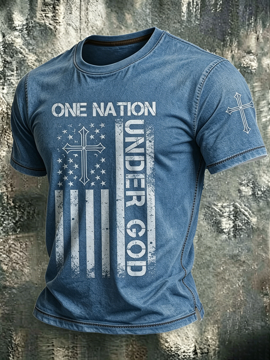 American Faith Cross Slogan Commemorative Print Round Neck T-Shirt