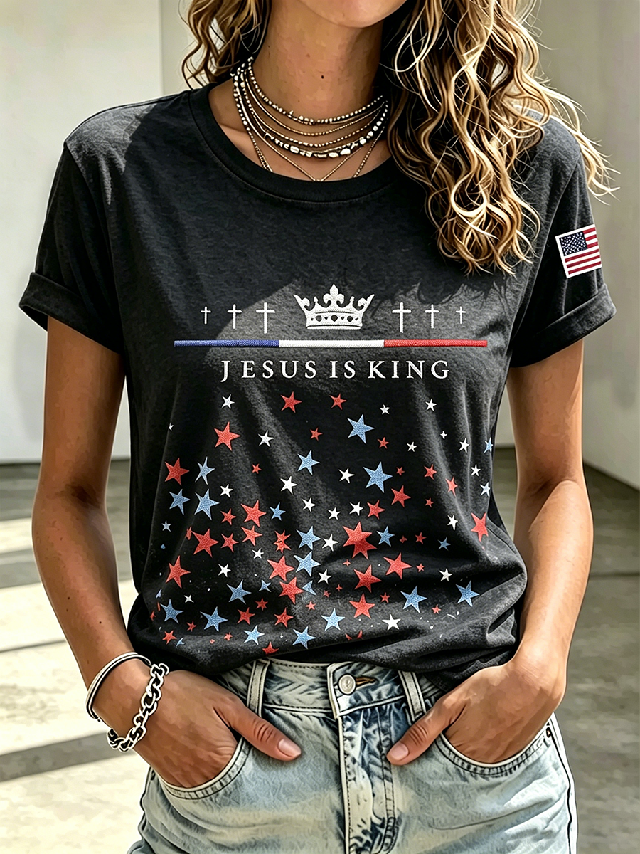 Faith Cross Embroidered Print Commemorative Print Round Neck Top