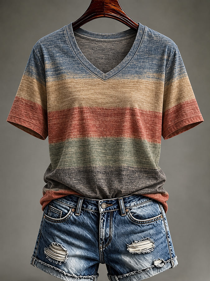 Women'S Casual Autumn Striped V-Neck T-Shirt