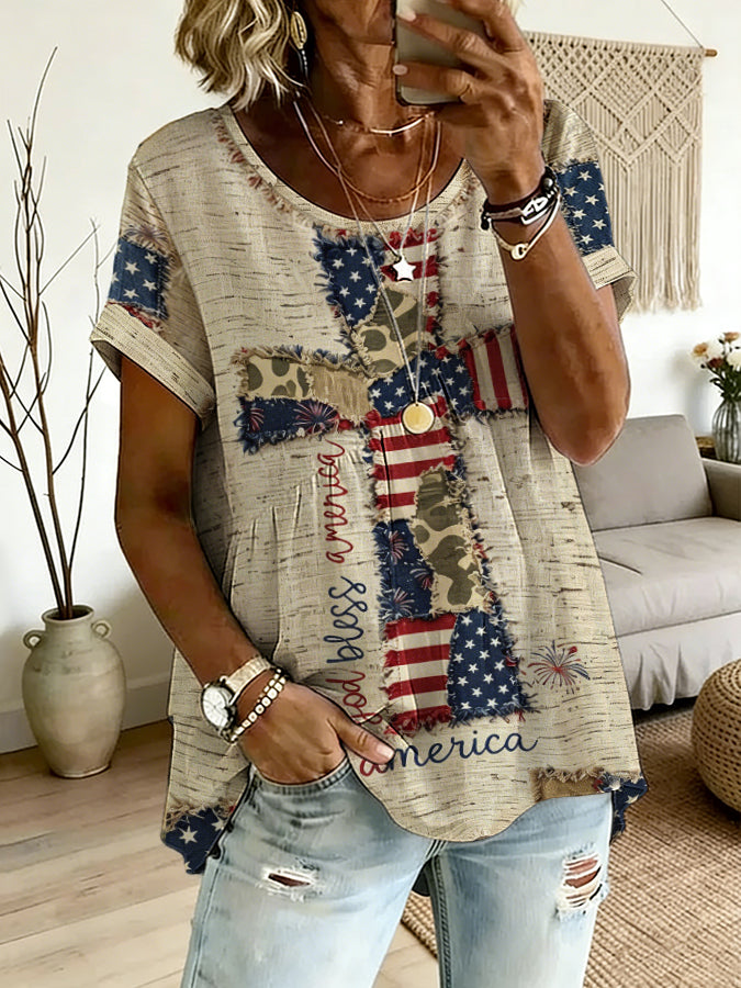 Women's Religious Patriotic Star Printed Short Sleeved Shirt