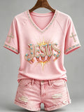 Women'S Pink Religious Faith Printed Casual V-Neck T-Shirt