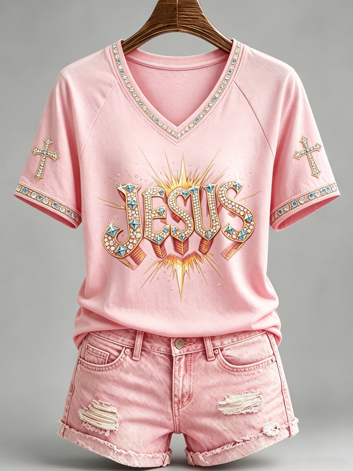 Women'S Pink Religious Faith Printed Casual V-Neck T-Shirt