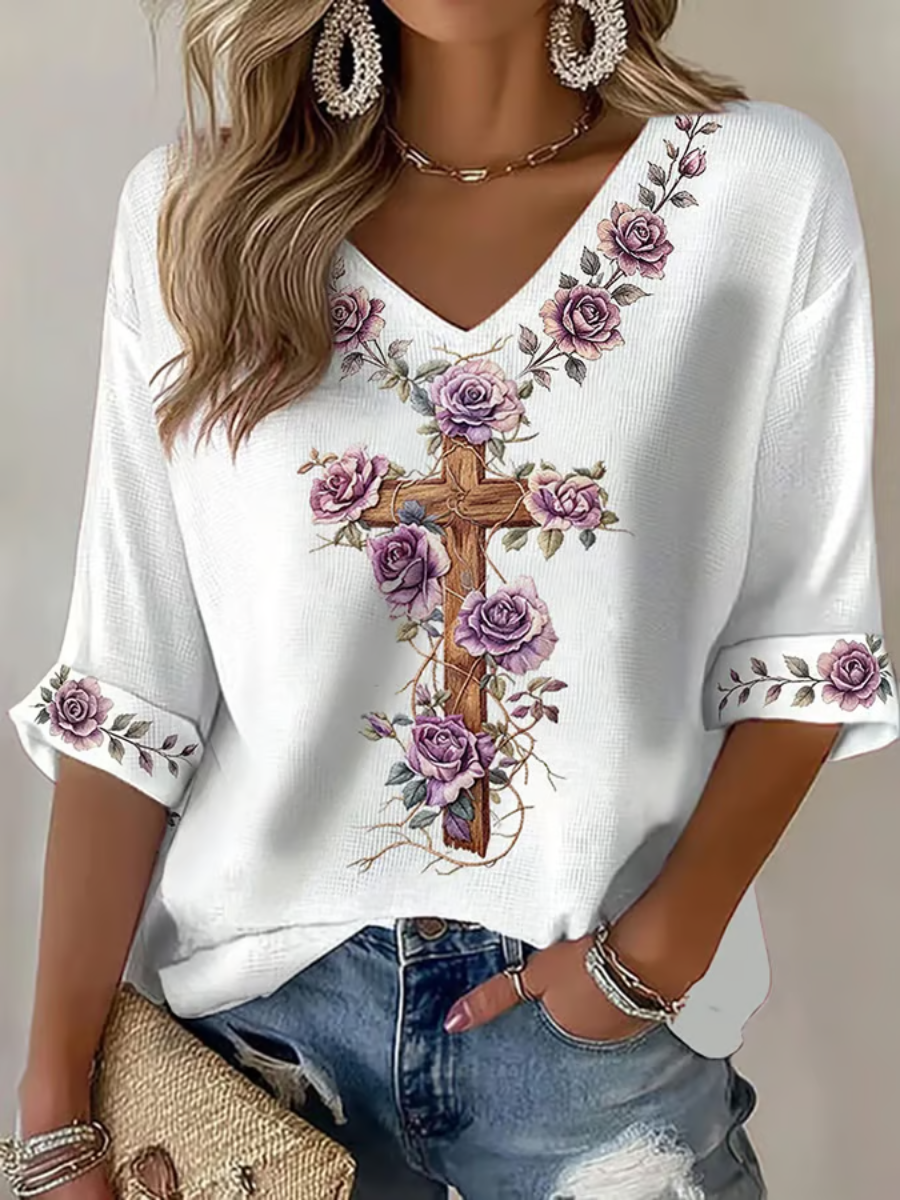 Women's faith embroidered printed top