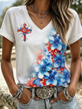 Women'S Independence Day Floral Cross Short-Sleeved T-Shirt