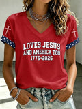 Women'S American Flag Cross Heart Print T-Shirt