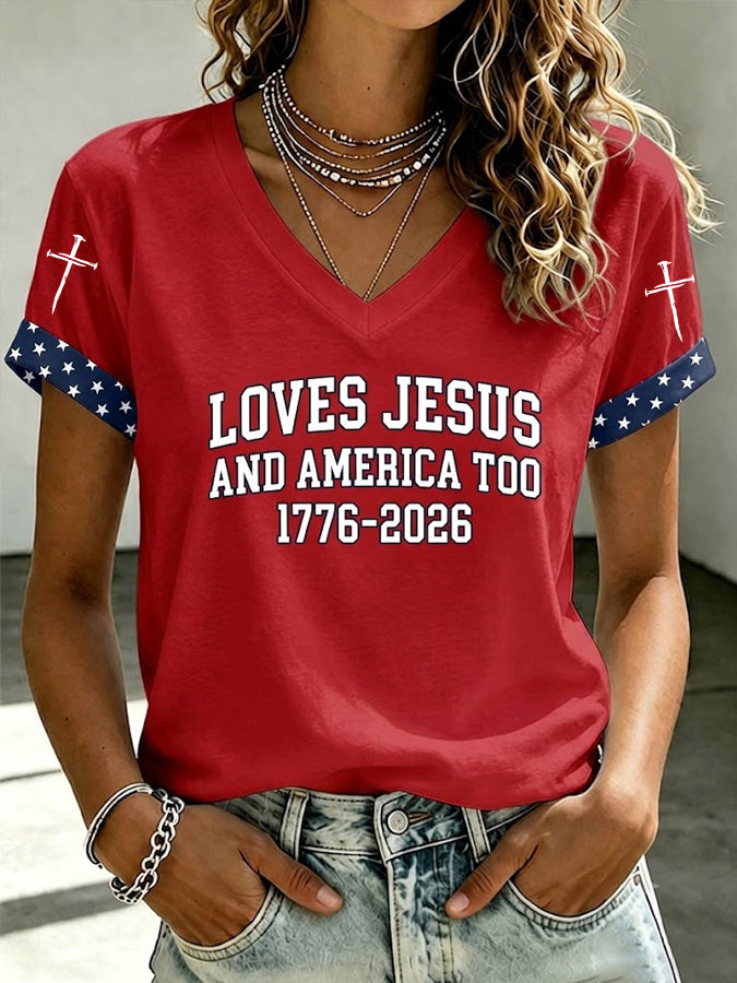 Women'S American Flag Cross Heart Print T-Shirt