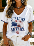 She loves Jesus and also loves the American flag commemorative print V-neck T-shirt