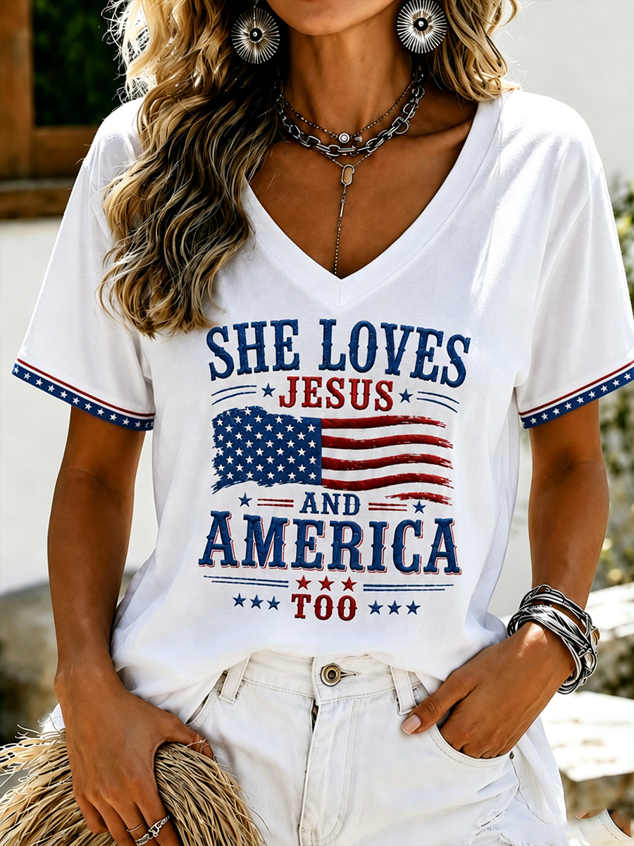 She loves Jesus and also loves the American flag commemorative print V-neck T-shirt