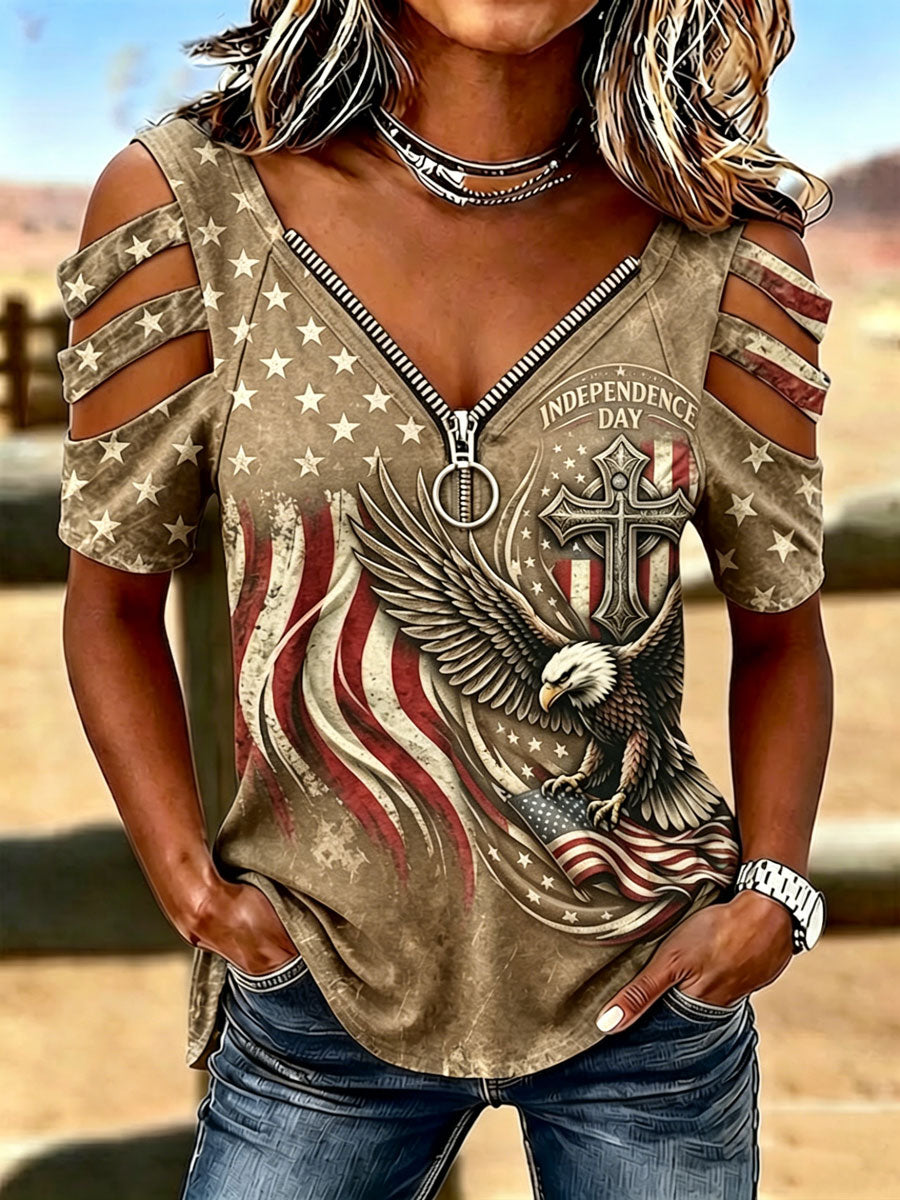 Female Casual Hollowed Out Patriotic T-Shirt