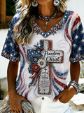 Women's Independence Day Faith Cross Print V-neck T-shirt