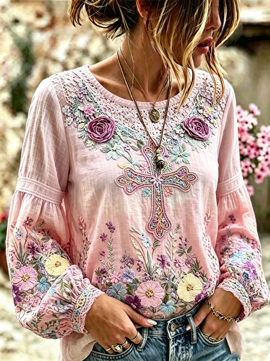Women'S Floral Faith Printed Casual Cotton And Linen Top