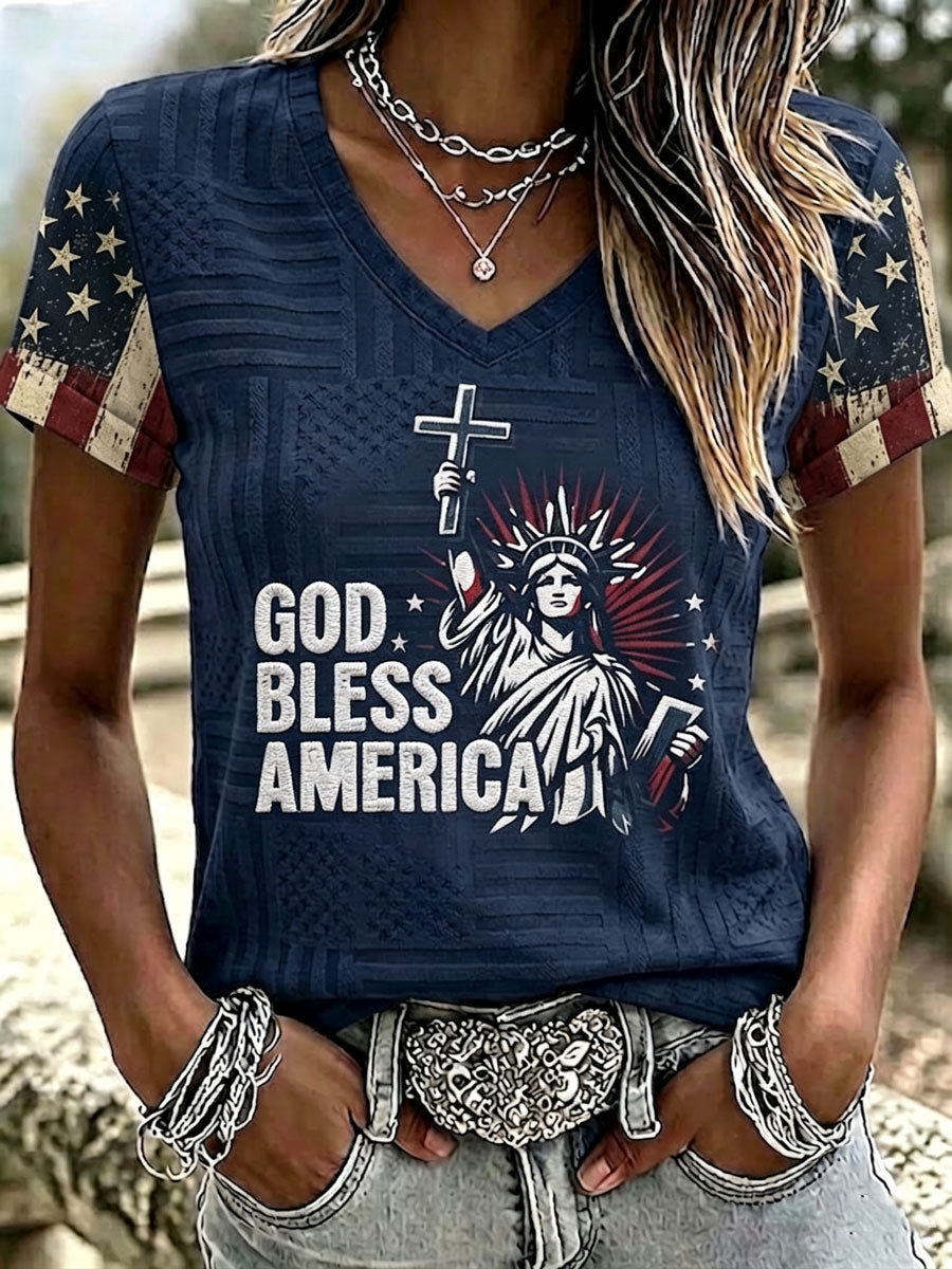 Women's Independence Day Cross Faith V-neck T-shirt