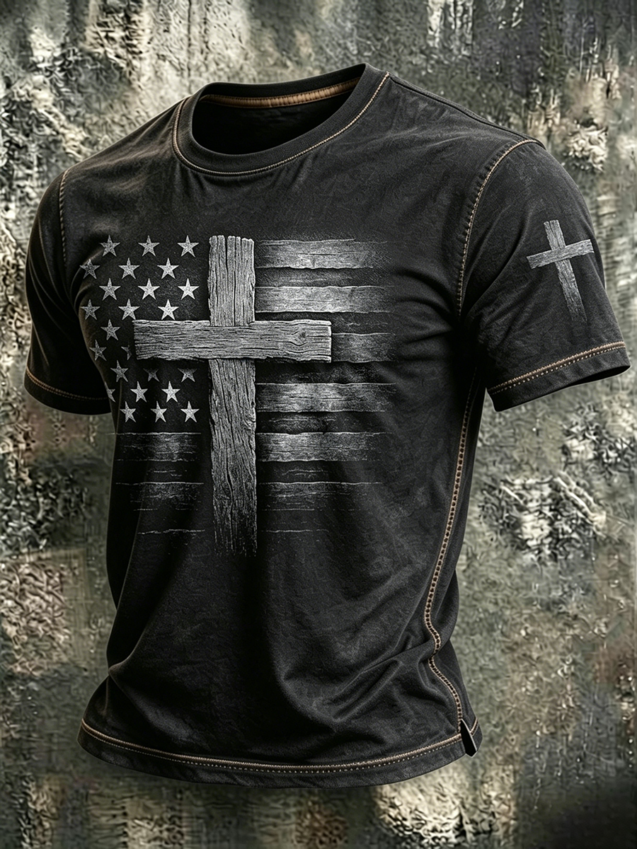 American Flag Faith Printed Round Neck T-shirt