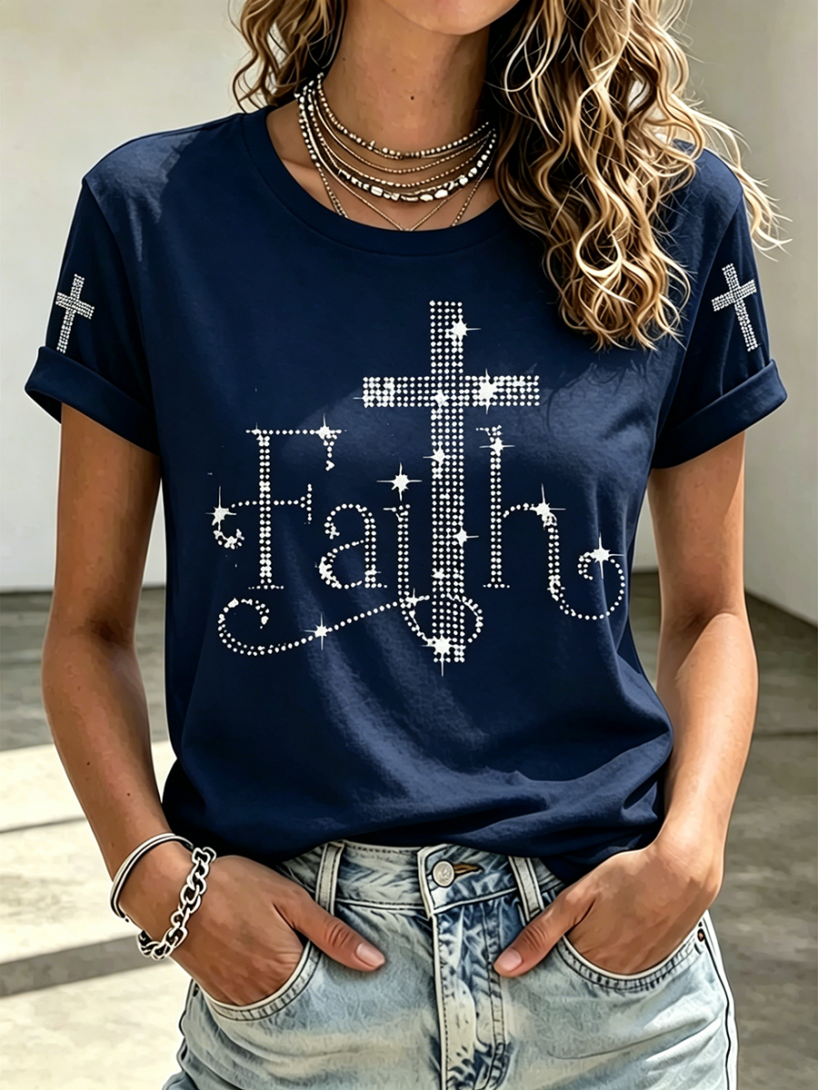 Jesus Faith Sequin Commemorative Print Round Neck Top
