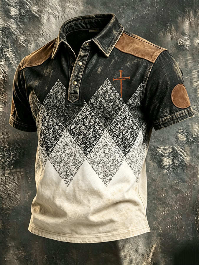 Men'S Western Cross Print Polo Shirt