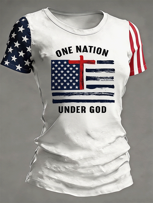 Women's One Nation Under God Distressed American Flag Cross Star Stripe Color Block Short Sleeve Casual Tee