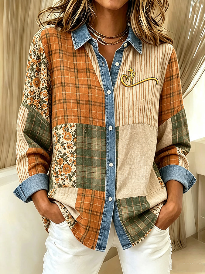 Women'S Contrasting Printed Lapel Long Sleeved Shirt