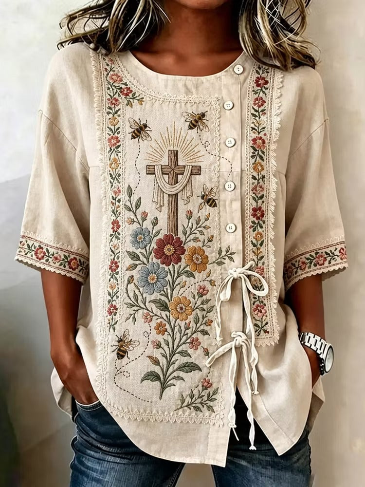 Women's Embroidered Cross Floral Cotton Linen T-shirt