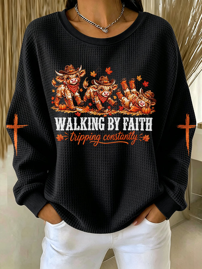 Women'S Walking by Faith Tripping Constantly Printed Waffle Sweatshirt