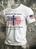 American Flag Faith Cross Slogan Commemorative Print Round Neck T-shirt