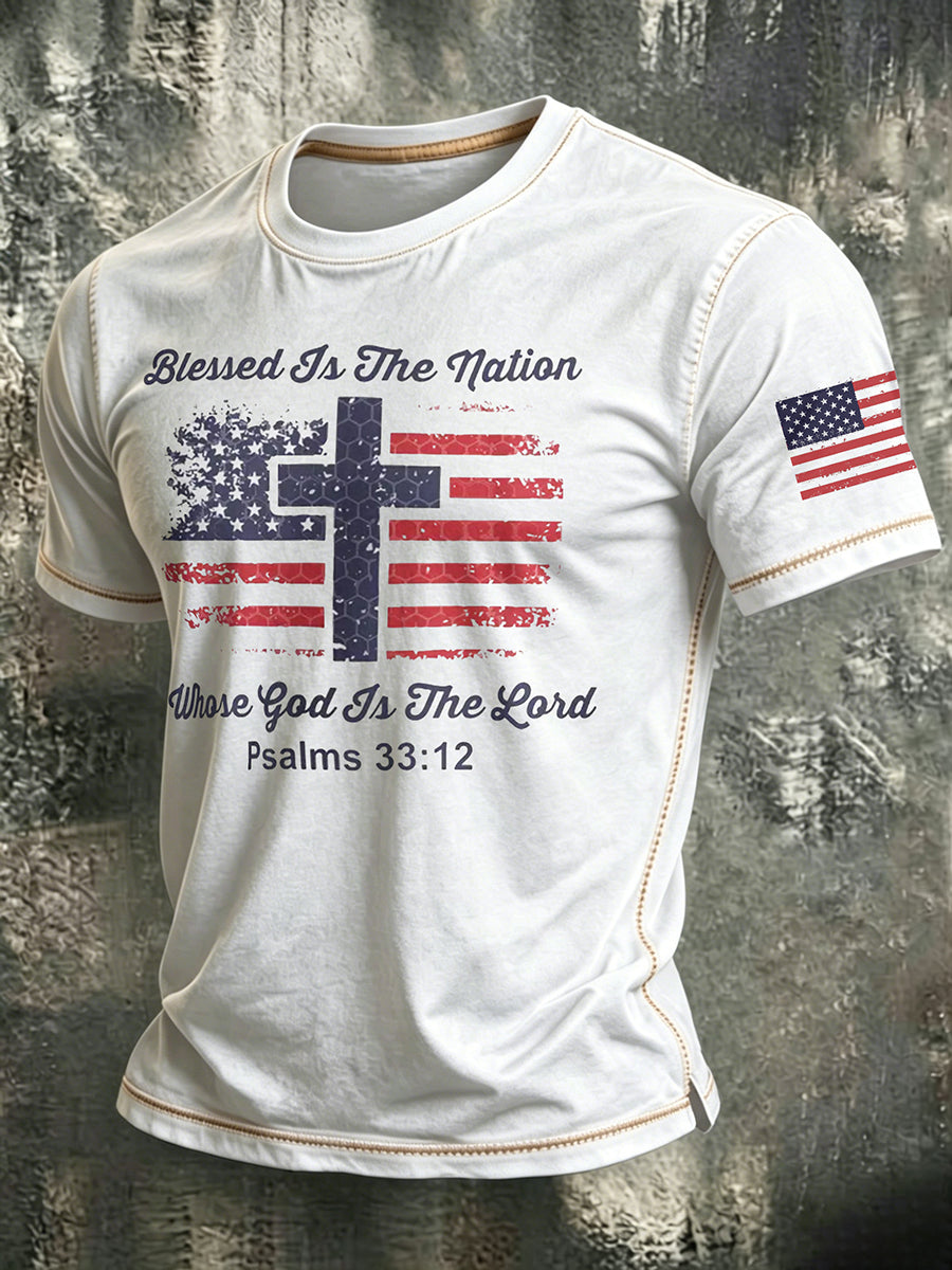 American Flag Faith Cross Slogan Commemorative Print Round Neck T-shirt