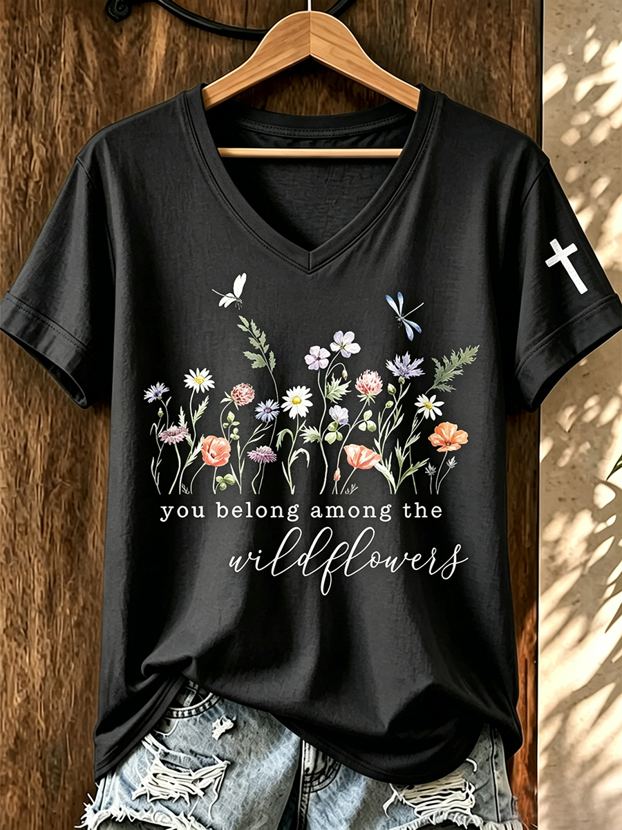 Faith In Jesus Slogan Commemorative Print V-Neck T-Shirt