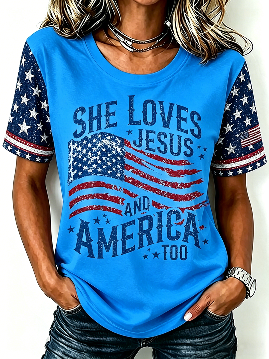 American Flag Jesus Faith Glitter Commemorative Print Round Neck T-Shirt