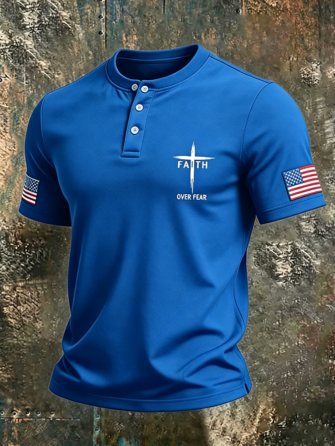 Men's Faith Over Fear American Flag Christian Henley Shirt