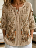 Women's Retro Rabbit Cross Floral Cotton Linen Shirt