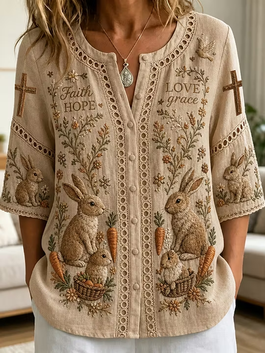 Women's Retro Rabbit Cross Floral Cotton Linen Shirt