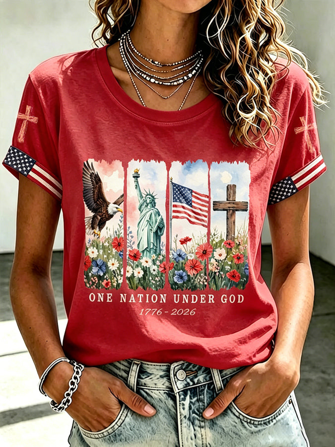 Women'S One Nation Under God Printed Casual T-Shirt