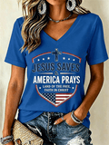 Women's Jesus Save&America Prays Vintage Flag Cross Print T-shirt