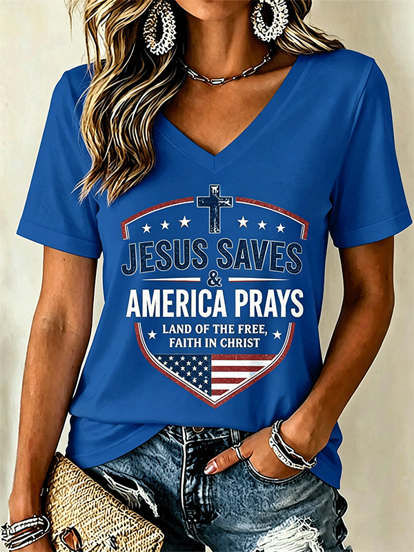 Women's Jesus Save&America Prays Vintage Flag Cross Print T-shirt