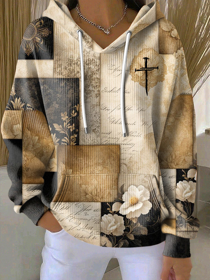 Jesus Cross Print Hooded Knitted Long Sleeved Sportswear
