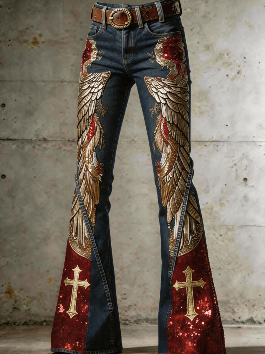 Women'S Retro Faith Cross Art Print Flared Pants