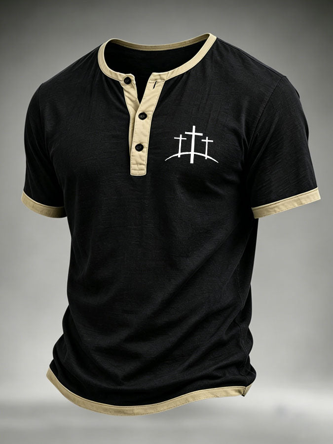 Men's Cross Print Casual Henry Collar Top