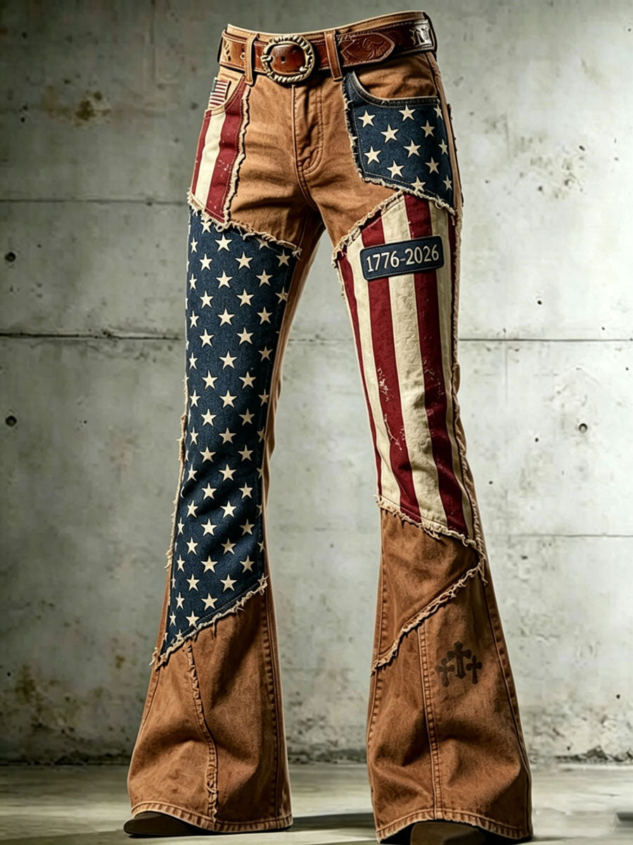 Ladies' American Flag Pattern Cross Printed Trumpet Pants
