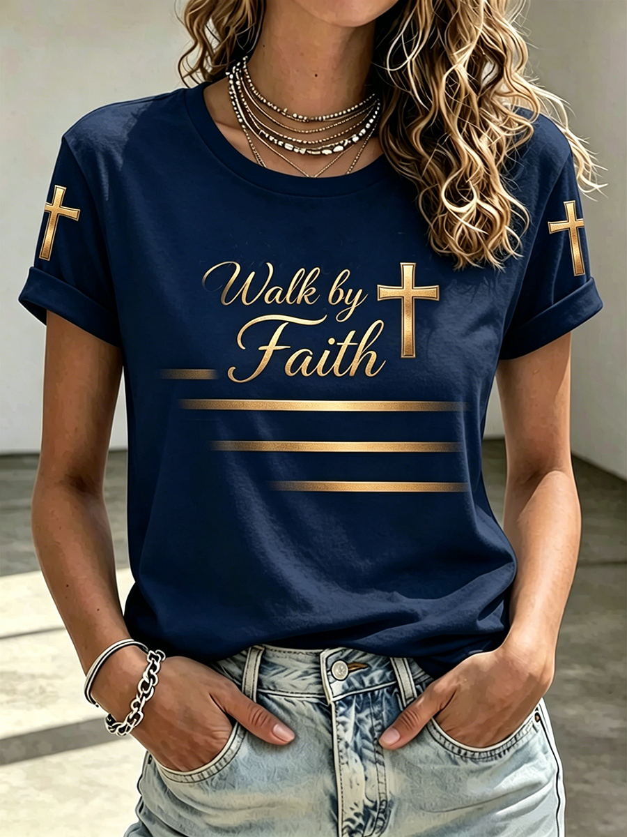 Faith Cross Printed Round Neck Gradient Top