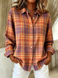 Women'S Plaid Printed Lapel Long Sleeved Shirt