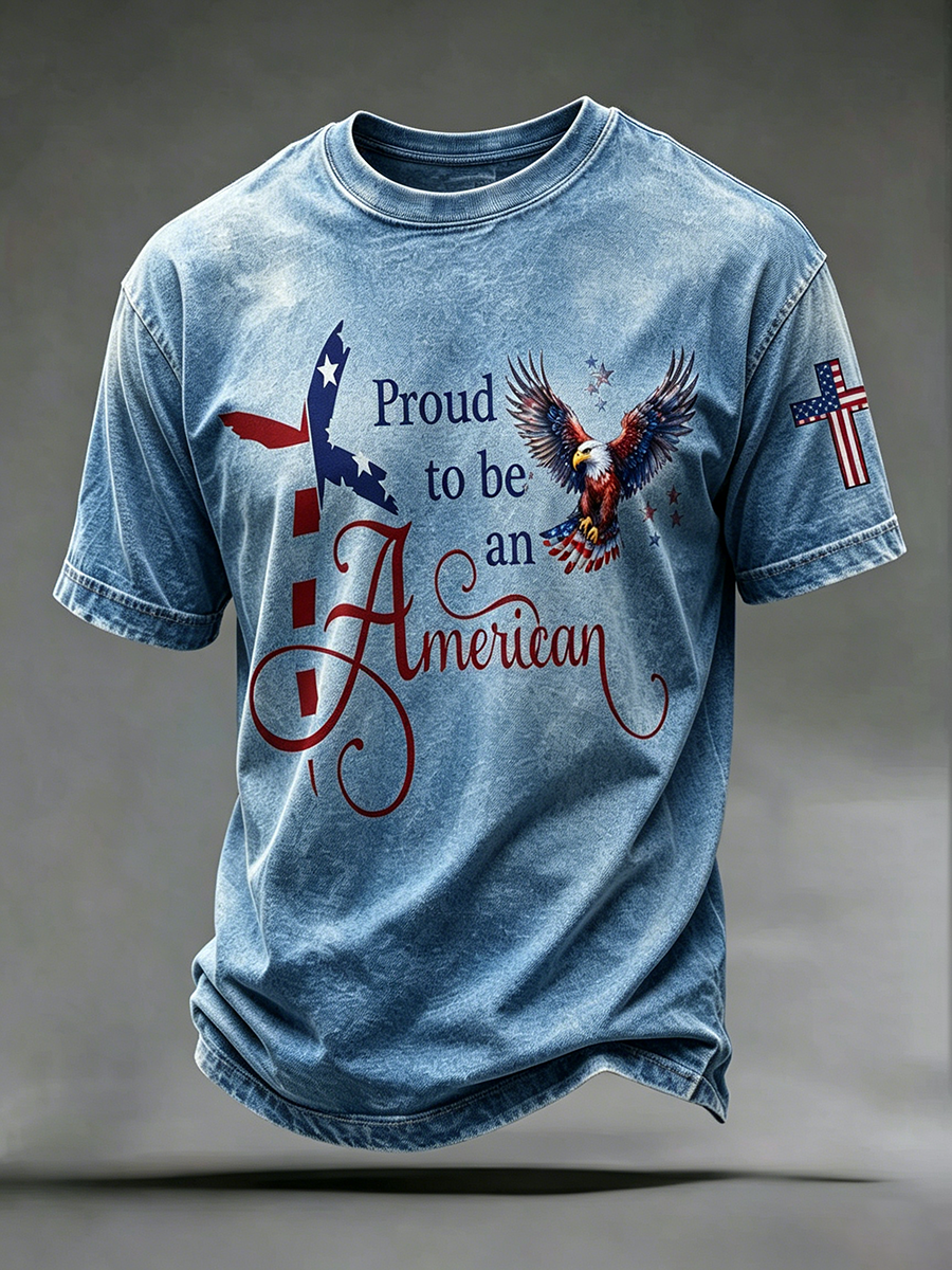 American Faith Cross Slogan Commemorative Print Round Neck T-Shirt