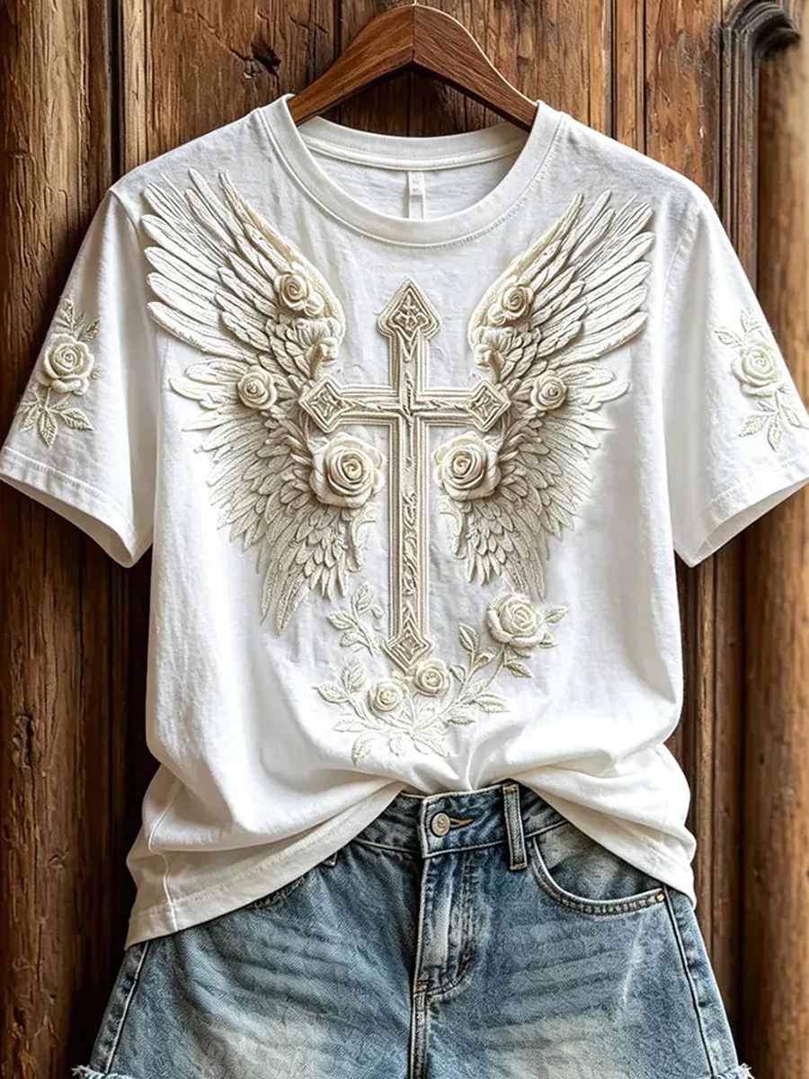 Women'S Faith Rose Wings Three-Dimensional Cross Vintage Print Short Sleeve T-Shirt