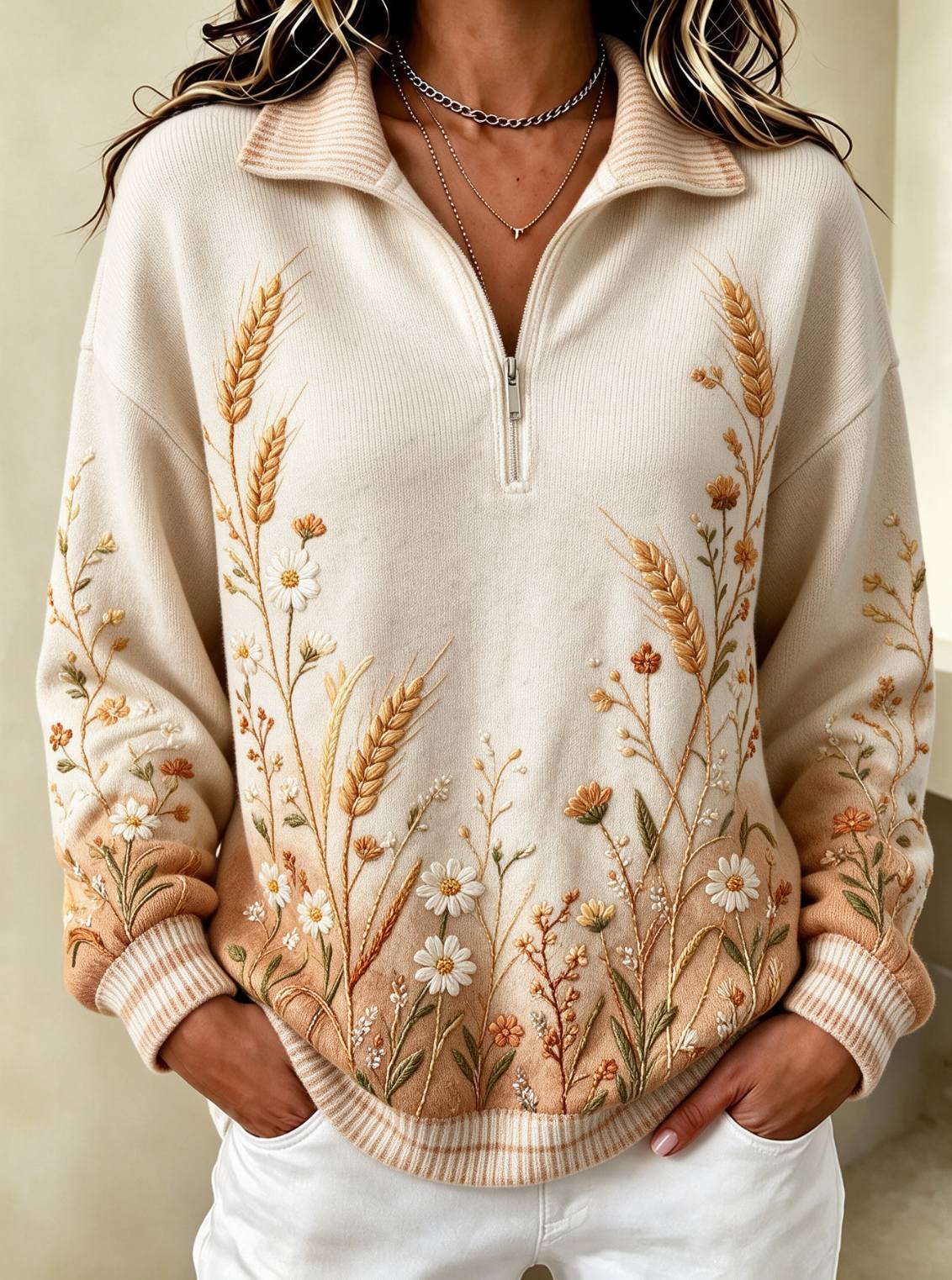 Women Wild Wheat Daisy Floral Embroidery Half Zip Sweatshirt